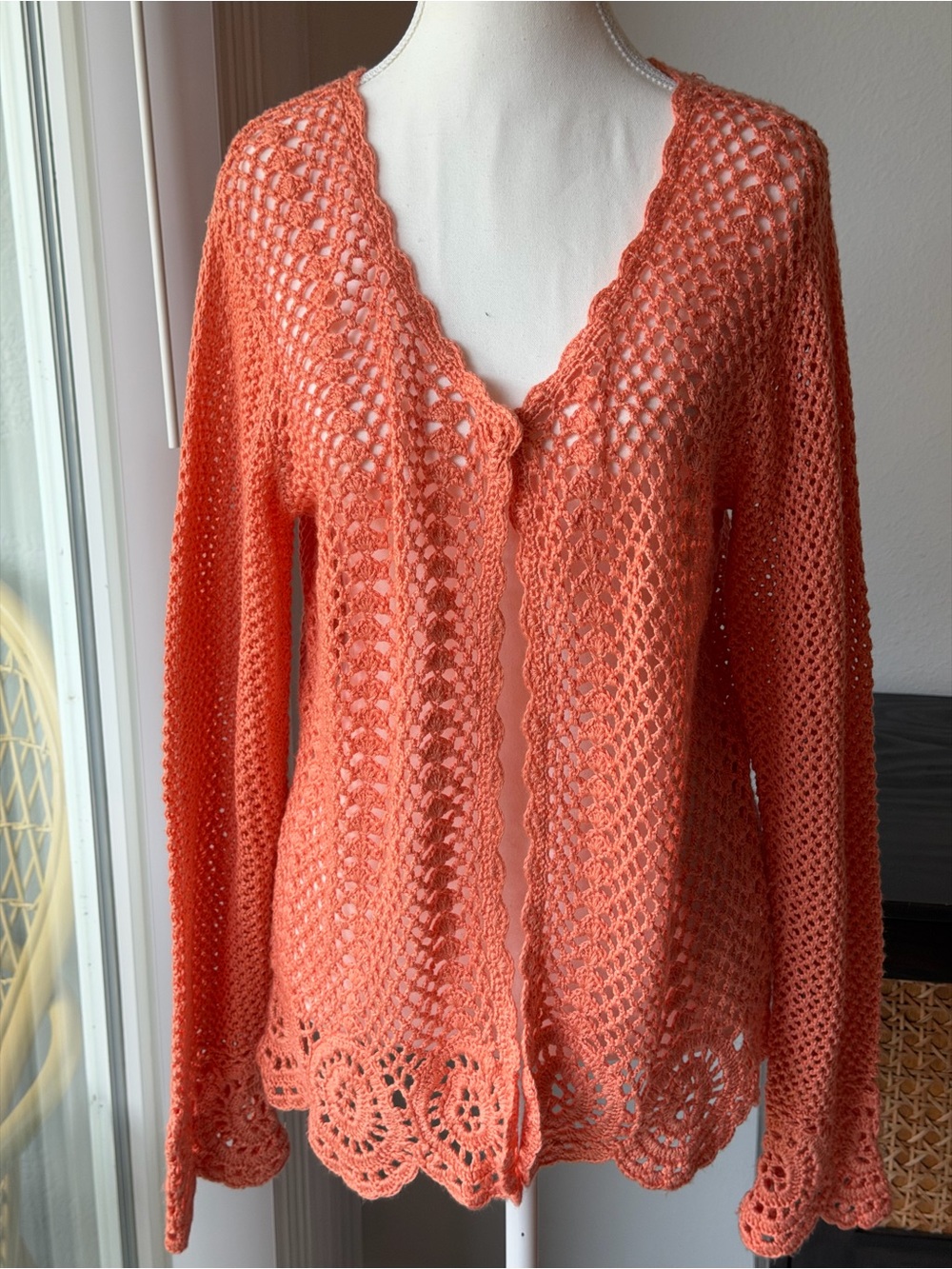 Vintage Coral Crochet Sweater Cardigan 100% Arylic